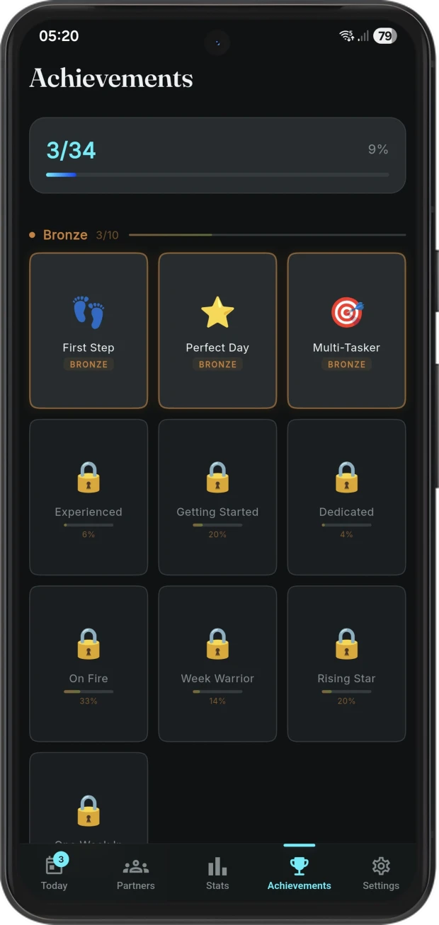 Hone achievements screen showing streak milestones and badges